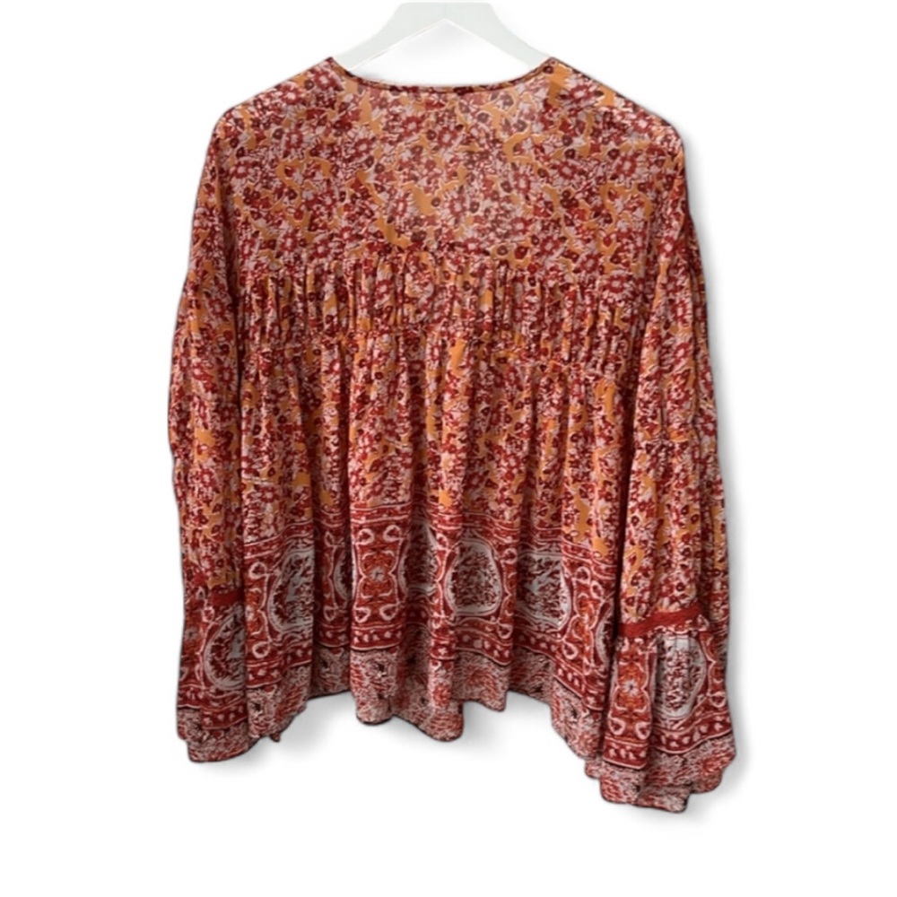 Free People Lorraine Tier Kimono Bohemian Print tie-Front Top Cardi Rust Lace L - Picture 2 of 12